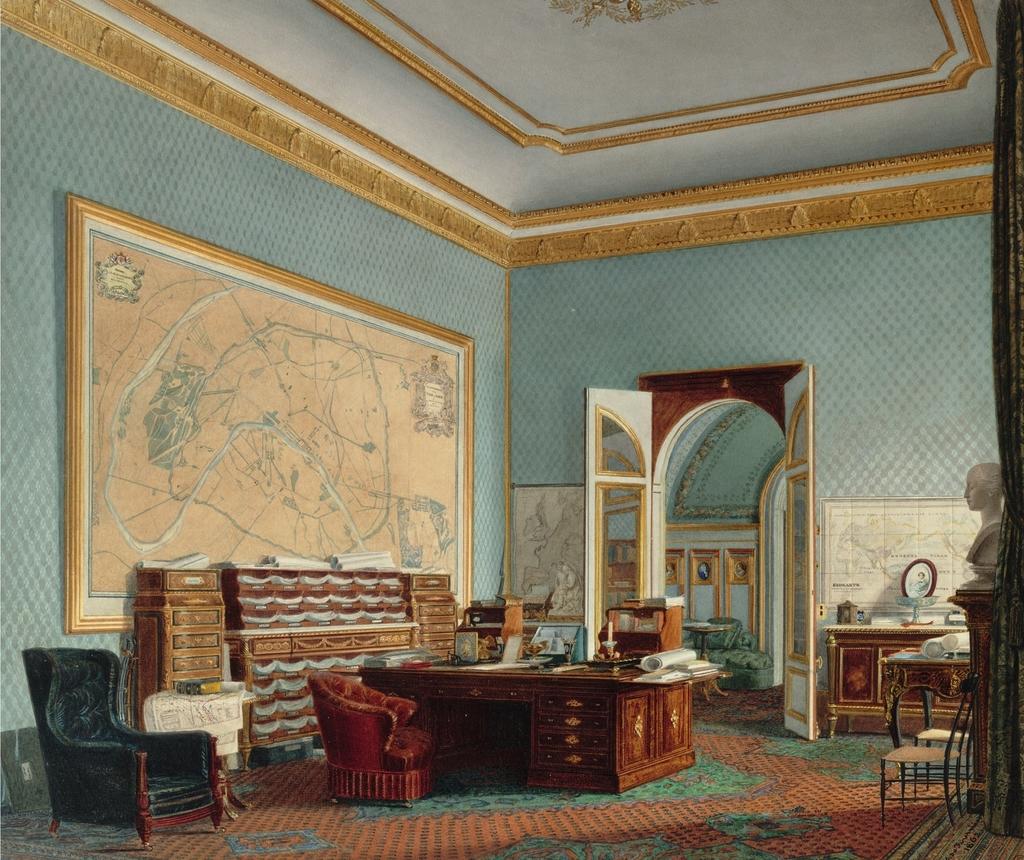 Jean‑Baptiste Fortuné de Fournier, Le cabinet de travail de l’empereur Napoléon III, aux Tuileries, 1862. Aquarelle. Compiègne, château, dépôt du Département des Arts Graphiques du Louvre.
