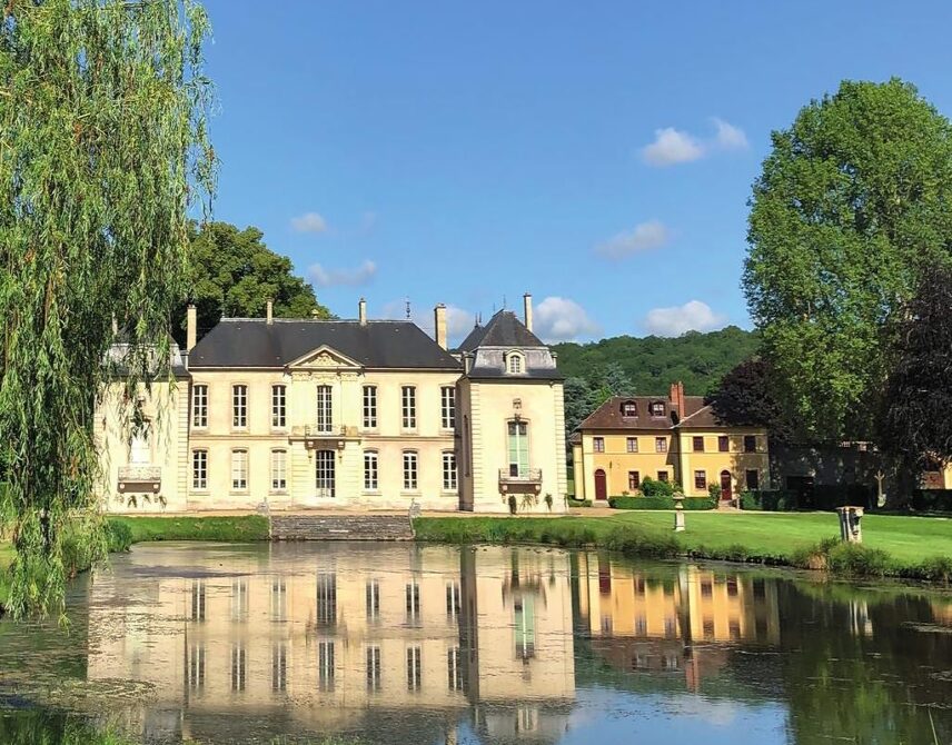 Vue du château de Jeurre depuis le miroir d'eau.