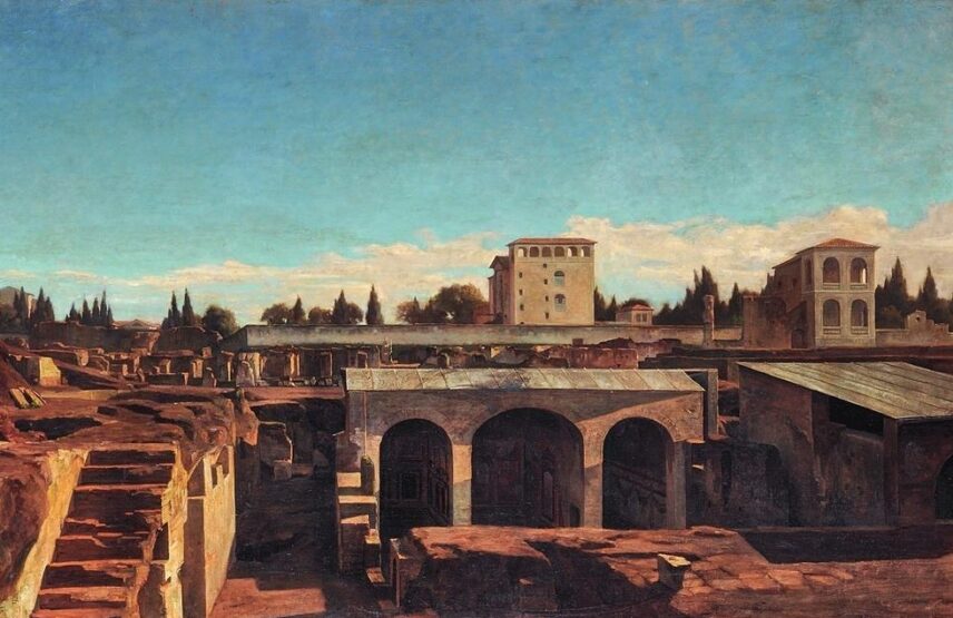 Fortuné Layraud, Ruines du mont Palatin, Vue des fouilles de la maison de Livie. Peinture sur toile, 85 × 133 cm. Paris, École nationale supérieure des beaux‑arts, don de Napoléon III.