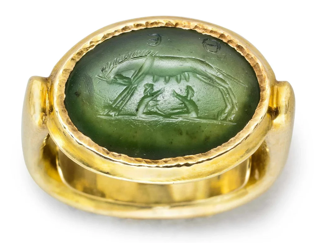 Romulus et Remus intaille calcédoine verte