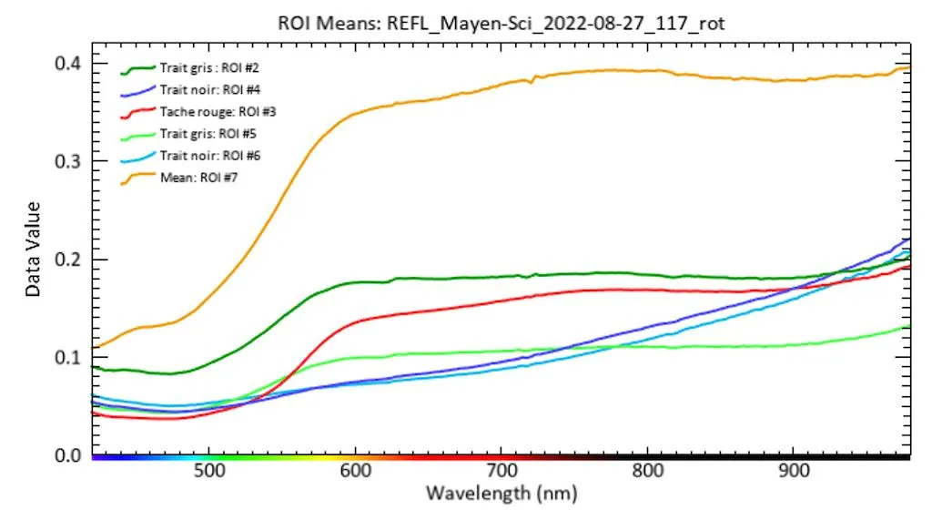 Spectre visible proche de l’infrarouge des pigments des ensembles no 12 et 13 et de la paroi de la grotte de Mayenne-Sciences. 