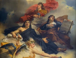 Charles Meynier Le Triomphe de la peinture française : apothéose de Poussin, de Le Sueur et de Le Brun décor peint musée du Louvre dégât des eaux février 2026