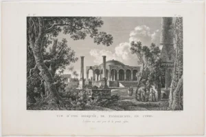 Aux XVIIIe et XIXe siècles, Chypre n’échappe pas à l’engouement des voyageurs, érudits et artistes pour l’Orient : Jean Pillement et François Denis Née, d’après Louis François Cassas (1756-1827), « Vue d’une mosquée de Famagouste en Cypre », gravure tirée de Voyage pittoresque de la Syrie, de la Phœnicie, de la Palestine et de la Basse Égypte, Paris, 1799.