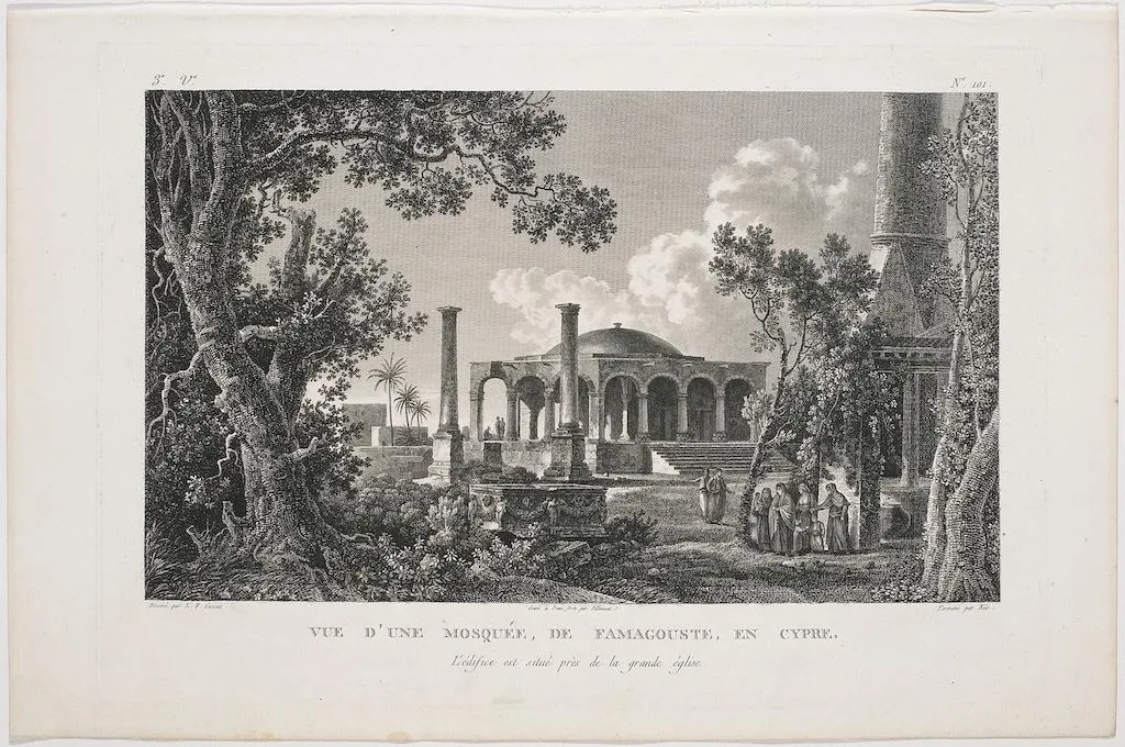 Aux XVIIIe et XIXe siècles, Chypre n’échappe pas à l’engouement des voyageurs, érudits et artistes pour l’Orient : Jean Pillement et François Denis Née, d’après Louis François Cassas (1756-1827), « Vue d’une mosquée de Famagouste en Cypre », gravure tirée de Voyage pittoresque de la Syrie, de la Phœnicie, de la Palestine et de la Basse Égypte, Paris, 1799.