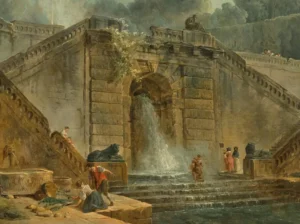 Hubert Robert, Une Fontaine au jet d’eau et à la cascade dans un décor architectural (détail)