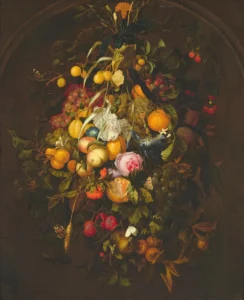 Maria van Oosterwyck, Une botte de fruits, de baies et de fleurs suspendue dans une niche