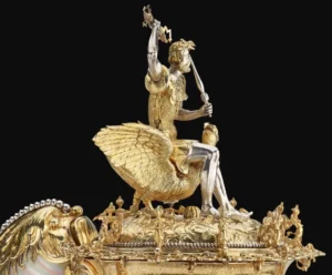 Ce nautile monté conservé dans les collections royales anglaises au château de Windsor est un chef-d'œuvre de l'orfèvrerie en ronde bosse. Détail de Jupiter trônant.