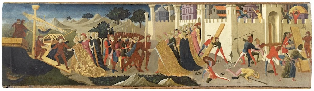 39ᵉ édition de la TEFAF : ici <em>Légendes des Grecs et des Amazones : L’enlèvement d’Antiope par Thésée</em>, vers 1440-1450, par Domenico di Michelino.