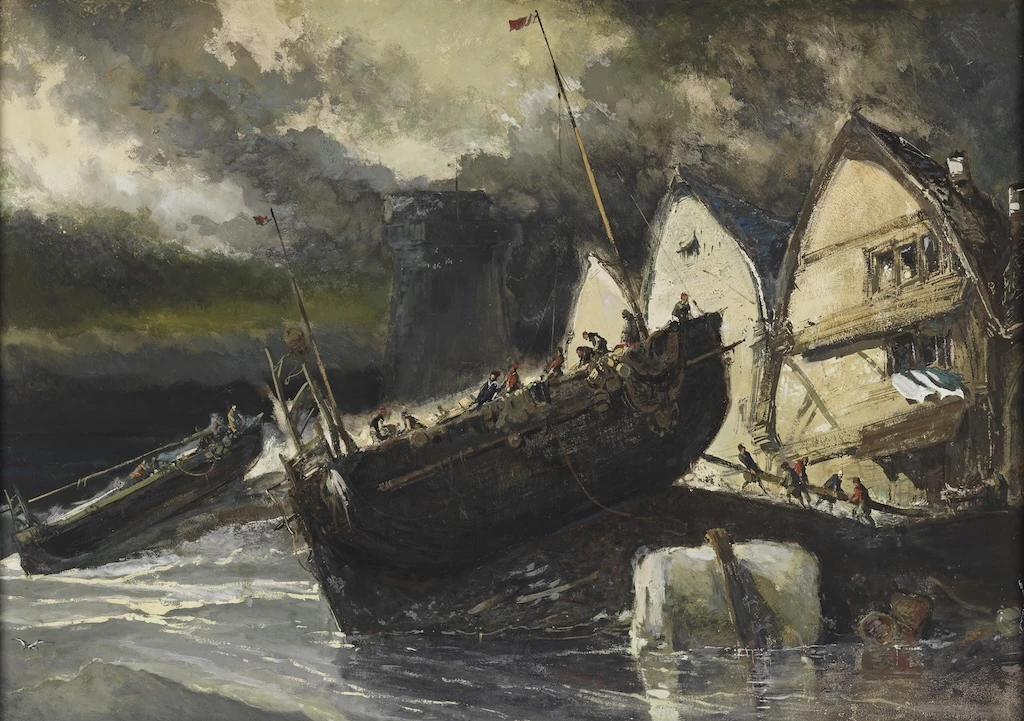 La galerie Demisch Danant fait sa rentrée au 34ᵉ salon du dessin : ici un dessin d'Eugène Isabey (1803-1886), <em>Le Départ pour la pêche</em>, vers 1860