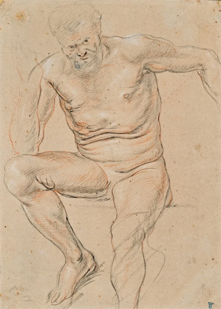 La galerie Lowet de Wotrenge fait sa rentrée au 34ᵉ salon du dessin : ici un dessin de Jacob Jordaens (1593-1678), <span style="font-style: normal;">Académie d’un nu masculin</span>. 