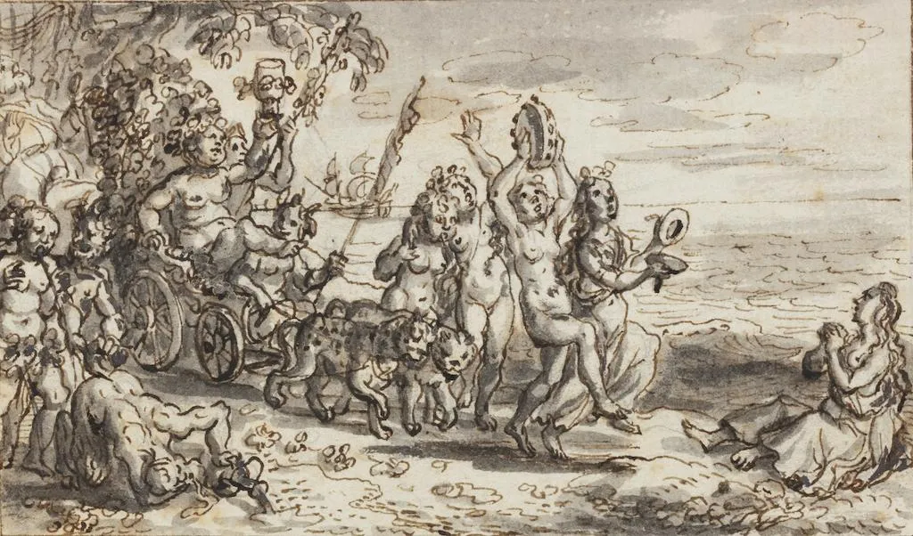 La galerie Lowet de Wotrenge expose pour la première fois au salon du dessin au palais Brongniart : ici un dessin de David Vinckboons (1576-1629), Bacchus découvrant Ariane à Naxos.