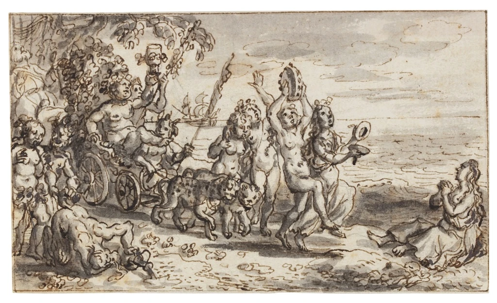 La galerie Lowet de Wotrenge expose pour la première fois au salon du dessin au palais Brongniart : ici un dessin de David Vinckboons (1576-1629), Bacchus découvrant Ariane à Naxos.